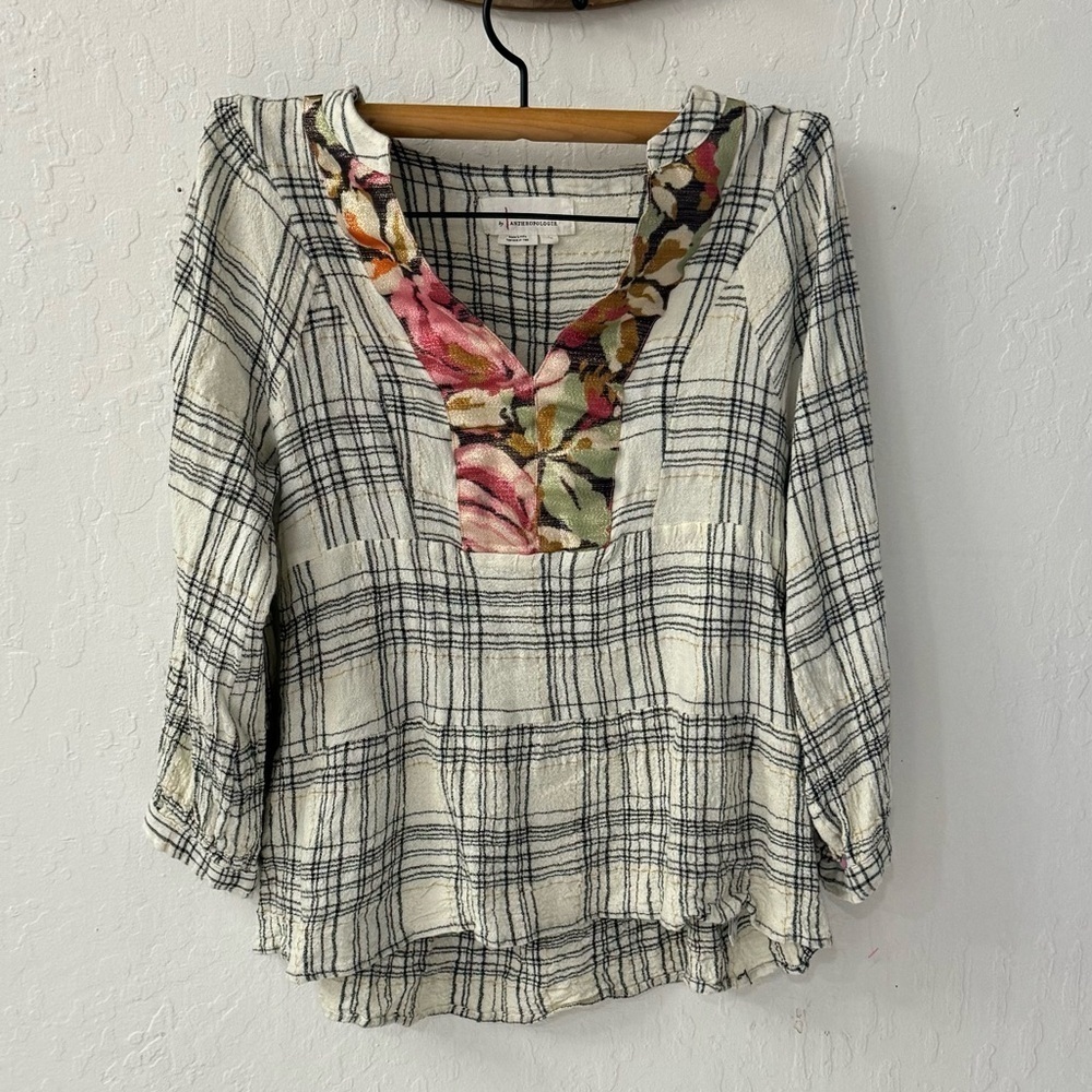 Anthropologie Darlene Plaid Peasant Blouse Top Tunic Metallic Thread Size XS - Picture 4 of 10